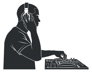 Naklejka premium A silhouette of a DJ wearing headphones and mixing music on a turntable in a black and white minimalist vector style, ideal for music-related projects