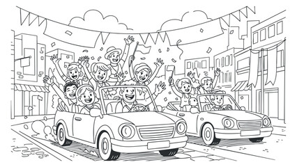 A lively scene of people celebrating in cars with joyful expressions in a black and white outline vector style, ideal for festive illustrations and event promotions