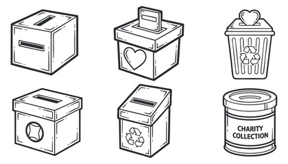 A set of donation and recycling boxes in black and white outline vector style, ideal for charity events and fundraising campaigns