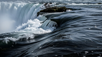Turbulent, frothing water at a waterfall's edge, intricate currents, air bubbles, and wet rock under diffused sky. Dramatic, immersive, photorealistic, and powerful cool tones.