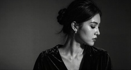 Elegant woman posing in profile wearing jewelry
