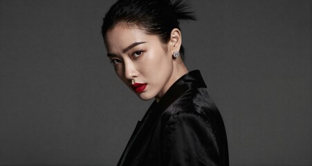 Asian supermodel posing for high fashion portrait with red lipstick