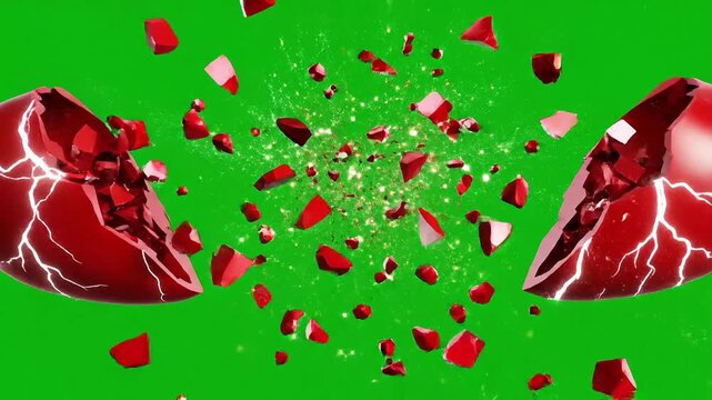 3D red heart cracking with electric energy and shattering into pieces on green screen background representing heartbreak divorce sadness and emotional pain concepts