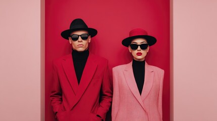 Fashionable Couple in Red and Pink Outfits with Sunglasses and Hats