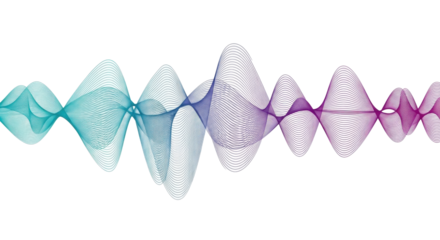 An abstract digital wave pattern with delicate, thin, parallel lines, smoothly undulating, featuring a vibrant teal to deep purple gradient on a transparent background with copy space, concept for