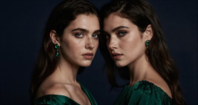 Female twins posing wearing green dresses and emerald earrings