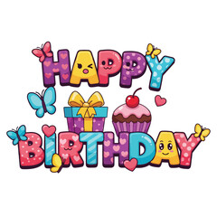 Obraz premium Colorful kawaii happy birthday letters with smiling faces surrounded by butterflies cupcake and gift box gift illustration