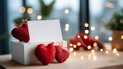 Pristine blank white rectangular card or photo frame positioned on white pedestal base with decorative red fabric heart ornaments arranged around soft warm defocused bokeh lights