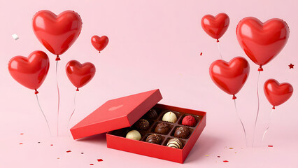 Valentine&rsquo;s Day background featuring 3d hearts, valentines day greeting card, red roses, balloons, gifts, and chocolates 