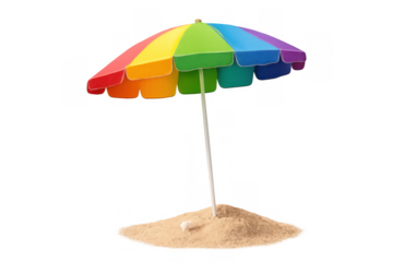 Rainbow beach umbrella anchored in sand, providing colorful shade for summer vacation and leisure on a transparent background