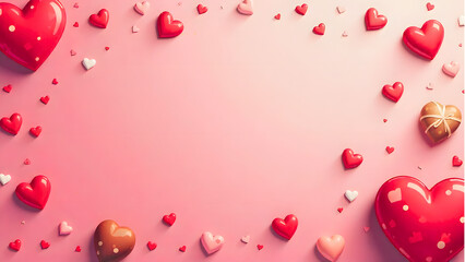 Valentine&rsquo;s Day background featuring 3d hearts, valentines day greeting card, red roses, balloons, gifts, and chocolates 