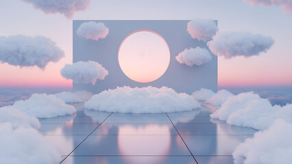 Surreal cloud room floating in sky with mirrored floor, fluffy central cloud, and sunset window. Pastel, ethereal, dreamlike atmosphere for wedding, spiritual, baby shower,