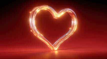 Glowing neon heart symbolizing love and romance on red background