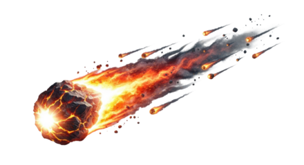 A superheated, craggy meteor with a white-hot core and fiery hues, emitting a vast luminous tail of plasma and smoke with glowing debris, isolated against a pure stark white background, concept for