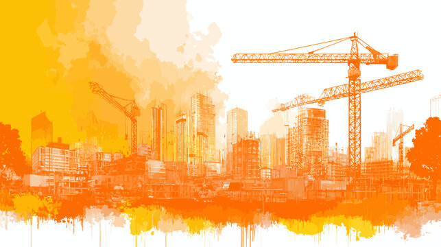 Artistic urban construction background with city skyline and building cranes in vibrant orange watercolor style