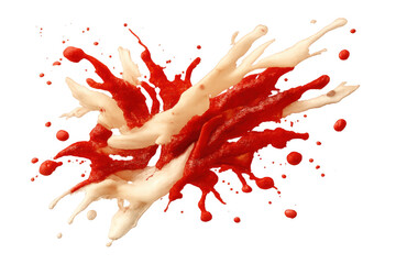 Dynamic red and white liquid exploding, splashing paint on transparent background, forming abstract fluid collision
