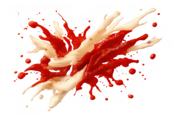 Dynamic red and white liquid exploding, splashing paint on transparent background, forming abstract fluid collision