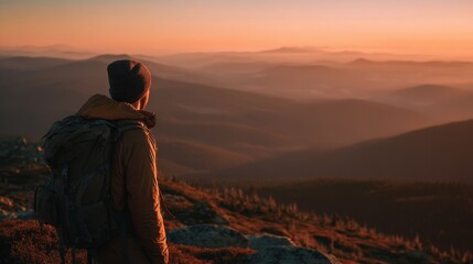 Fototapeta premium Hiker watching sunrise over hazy mountain peaks