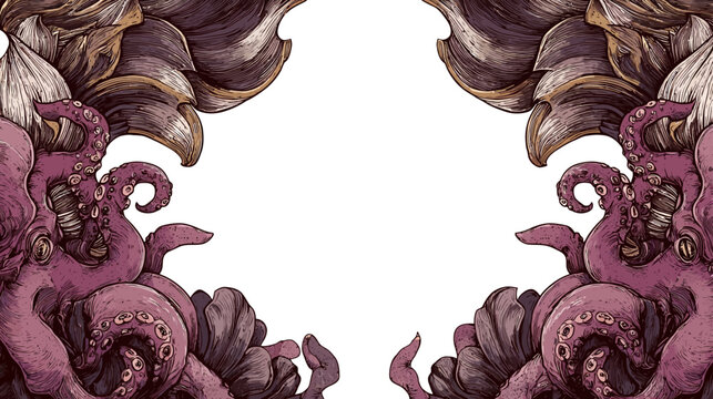Ornate fantasy border illustration with stylized octopus tentacles and sea shells. Detailed vintage gothic design element with symmetrical framing.