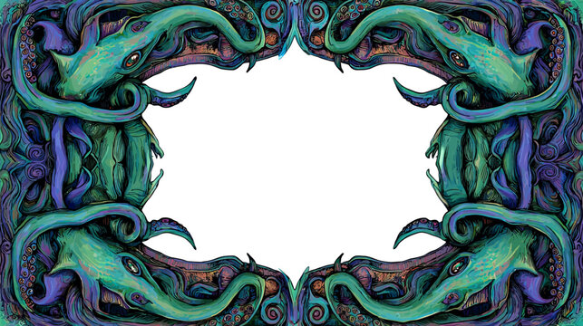 Stylized Deep Sea Octopus and Squid Tentacle Frame Illustration with Abstract Marine Art Border Design