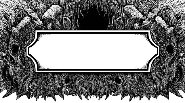 Blank Ornate Decorative Frame with Intricate Organic Wild Textured Border. Vintage Engraving Style Illustration for Labels & Banners.