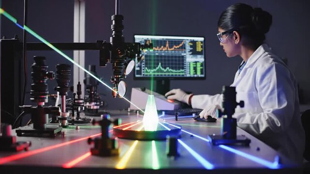 Experiments with a laser system in the laboratory. Beam of RGB laser on table in optical laboratory