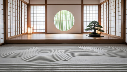 Serene Japanese Zen garden interior: bonsai on tatami platform, raked sand, Shoji screen, bamboo. Soft light. Perfect for meditation, wellness, spa, minimalist design, cultural travel,