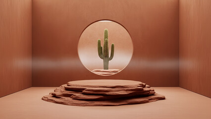 A serene, minimalist desert-themed gallery with warm terracotta walls, sandstone formations, and a prominent cactus sculpture under harsh midday sun. Ideal for interior design,