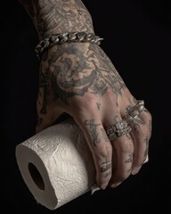 A tattooed hand with rings and a chain bracelet grips a roll of toilet paper against a dark background