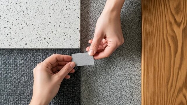 A person compares different texture samples of materials for interior design or construction