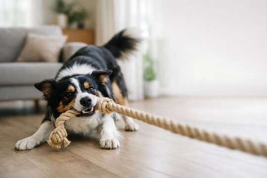Border collie dog playing tug of war rope toy indoors
