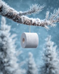 A roll of toilet paper hangs like a winter ornament from a snowy tree branch in a frosty forest