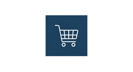 A collection of white stroke-line minimalist e-commerce and digital shopping icons against a transparent background, with a central shopping cart in a dark blue square with text, surrounded by