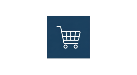 A collection of white stroke-line minimalist e-commerce and digital shopping icons against a transparent background, with a central shopping cart in a dark blue square with text, surrounded by