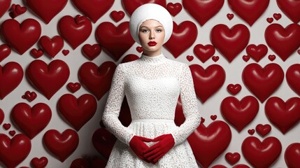 Elegant Woman in White Dress with Red Gloves Against Romantic Red Heart Background