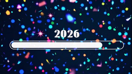 A video celebrating the start of 2026 with a loading bar and colorful confetti - Powered by Adobe