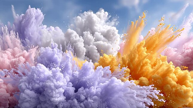 Abstrakte Farbwolken aus Pulver &ndash; dynamischer Farbexplosions-Hintergrund in Gelb und Violett