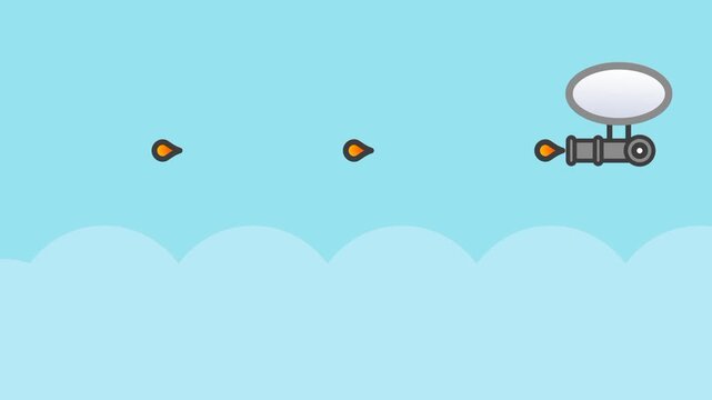 A grey airship floats high in the light blue sky while firing small brown projectiles across the screen above a layer of soft white fluffy clouds