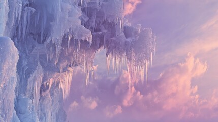 Frozen Castle: A breathtaking, frozen castle emerges from the mist, an embodiment of wintry majesty, where icy formations cascade like sculpted crystals, against the backdrop of a pastel-hued sky.