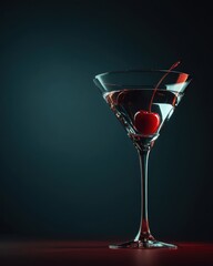 Elegant martini glass with a single burgundy cherry on a dark moody background