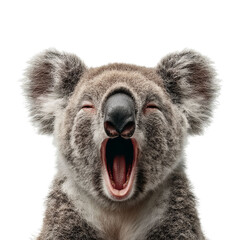 PNG of Close-up of a yawning koala, showcasing its fluffy ears and expressive whiskers.