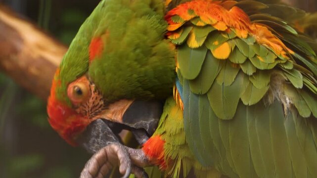Closeup of a green parrot grooming it self while sitting ona tree branch on a cloudy day