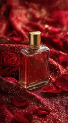 Luxury perfume bottle placed on rich red velvet with roses and golden sparkles