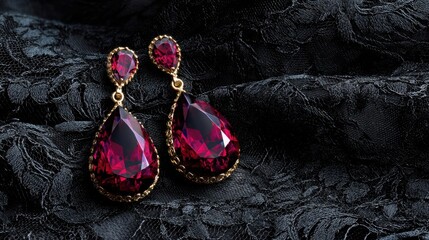 Pair of ruby red drop earrings placed on textured black lace fabric