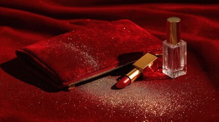 Red velvet clutch with lipstick and perfume arranged on shimmering red fabric