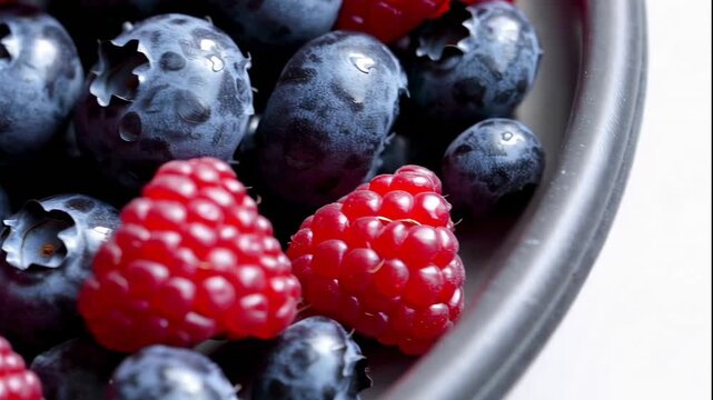 A vibrant video showcasing a mix of juicy blueberries and ripe raspberries in a colorful arrangement