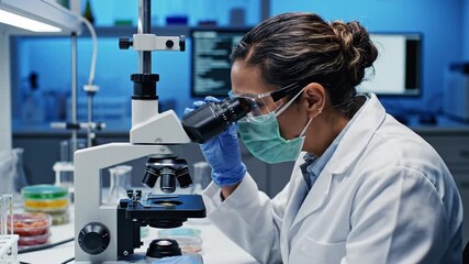 Woman scientist in protective mask look through the microscope in biological laboratory - Powered by Adobe