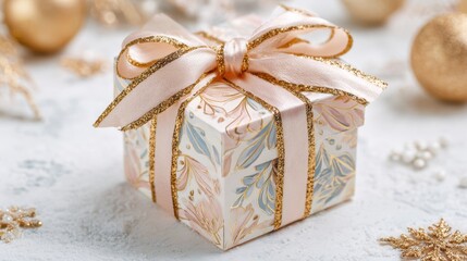 A small luxury gift box wrapped with satin ribbon and gold details placed in a soft festive holiday setting