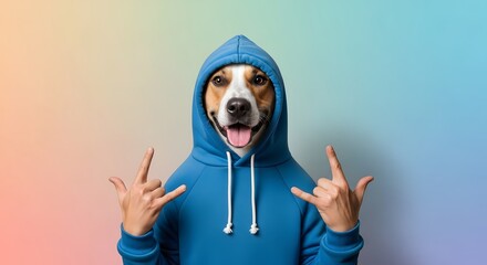 Funny and cool dog wearing a blue hoodie and making rock hand gestures against a vibrant gradient background, capturing a playful and energetic moment