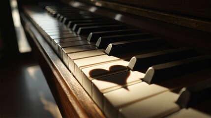Soft sunlight casting a heart shaped shadow across piano keys creating a poetic romantic musical moment